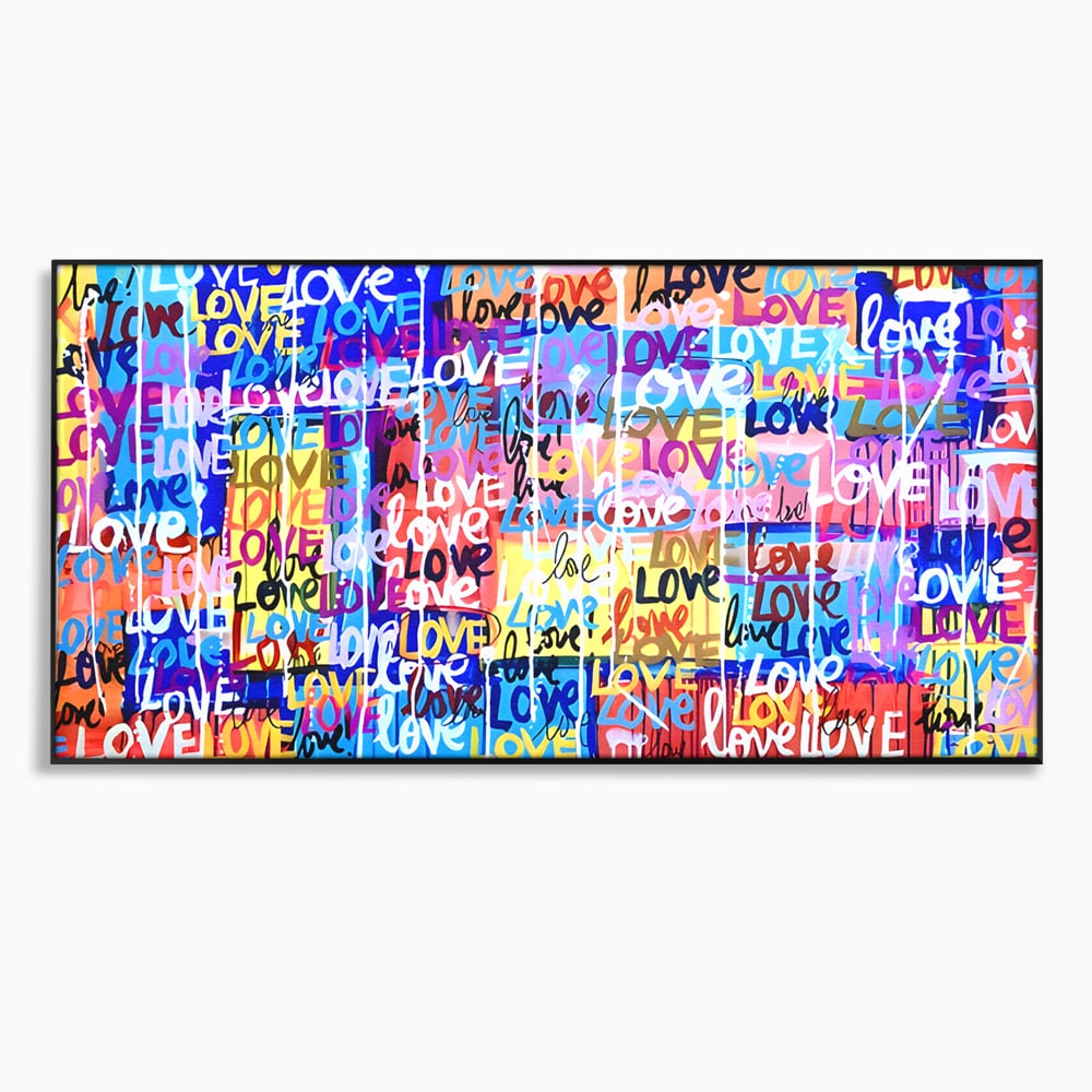 Tablou canvas cu tablou canvas cu graffiti colorat si cuvantul love, in rama de aluminiu negru